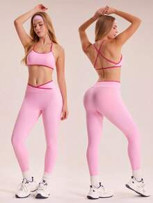 Sovereign Charm 3 件套女式字母和星星印花不对称领口短款 T 恤、可拆卸罩杯文胸和撞色绑带重叠腰部紧身裤运动套装 - 粉色 - 查看 2