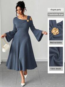 Elenzga Plus Size Women Solid Color Knitted Ribbed Asymmetric Shoulder Flare Sleeve Ruffle Trim Bodycon Maxi Elegant Party Dress - Dusty Blue - View 1