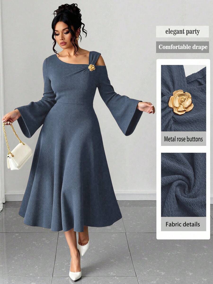 Elenzga Plus Size Women Solid Color Knitted Ribbed Asymmetric Shoulder Flare Sleeve Ruffle Trim Bodycon Maxi Elegant Party Dress - Dusty Blue - View 1