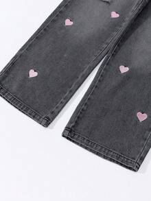 SHEIN ChillGRL Tween Girls 2025秋冬新款时尚阔腿牛仔裤。可爱心形刺绣宽松牛仔裤 - 灰色 - 查看 3