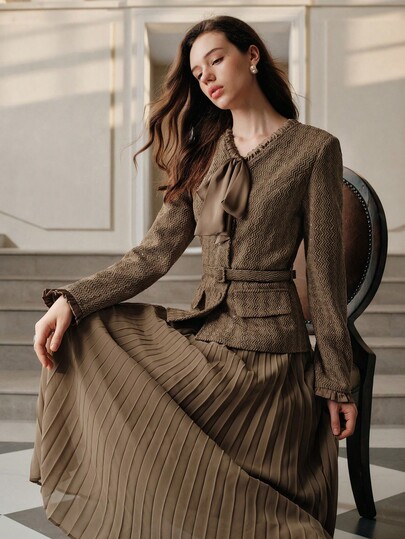 Anewsta Savoree Autumn Women's Business Casual Office Outfit, Knotted Collar Long Sleeve Patchwork Pleated Hem Elegant Dress, Suitable For Evening, Chic Wedding