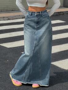 SHEIN ICON Casual Washed Frayed Hem Extra Long Denim Skirt - Blue - View 4