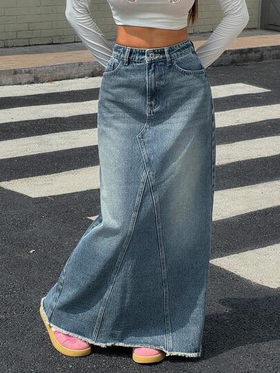 SHEIN PETITE Women's Casual Washed Extra Long Denim Skirt