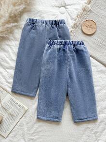Vintaside Kids 2pcs Baby Boy Thermal Lined Denim Pants, Fashionable All-Match Casual Countryside Style Jeans For Spring, Autumn & Winter - Blue - View 2