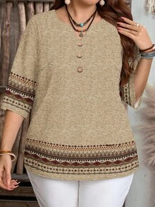 Mellowie Plus Size Women Casual Geometric Print 3/4 Sleeve Loose Blouse, Suitable For Summer Earthy Clothes Women Brown Blouses For Women Tunic Tops For Women Earthy Tops Boho Tops For Women