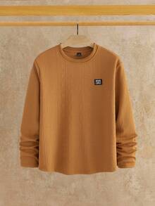 Manfinity VCAY 男士纯色圆领长袖休闲压花百搭T恤 - 黃色 - 查看 7