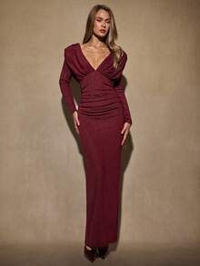 SHEIN BAE Robe sexy à col en V profond et drapée pour femmes, idéale pour les soirées - Rouge foncé - Voir 6