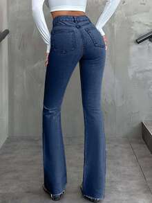SHEIN Tall Casual Washed High Waist Slim Fit Flare Jeans - Medium Wash - View 2