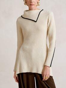SHEIN Stylify 女式不对称领合身优雅针织套头衫，百搭秋冬装 - 米色 - 查看 6