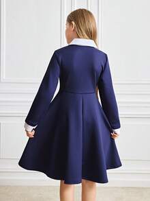 Tween Girl Colorblock Peter Pan Collar Raglan Sleeve Half-Placket Ruffle Hem Fashion Dress - Navy Blue - View 2