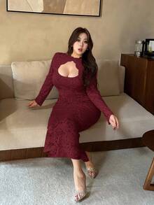 Vibekara Đầm dự tiệc xẻ tà họa tiết hoa cổ vá ren cỡ lớn dành cho nữ mùa thu/đông, thanh lịch, lãng mạn, cổ điển, gợi cảm, thích hợp mặc dự tiệc, mặc hàng ngày, Giáng sinh, đêm hẹn hò, ngày lễ tình nhân - Màu Đỏ Sâu - Xem 3