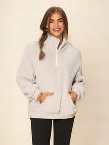 Coeurva Half Zip Pocket Drop Shoulder Teddy Sweatshirt,Long Sleeve Tops In Fall/Winter - Apricot - View 1