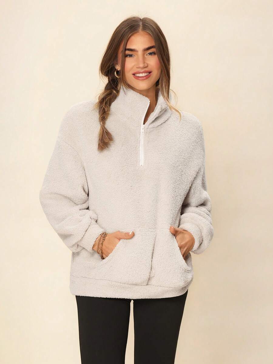Coeurva Half Zip Pocket Drop Shoulder Teddy Sweatshirt,Long Sleeve Tops In Fall/Winter - Apricot - View 1