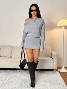 SHEIN PETITE Đầm ôm sát tay dài trễ vai bằng cashmere mới cho mùa xuân hè dành cho nữ, phong cách Y2K, thời trang đường phố. - Xám - Xem 4