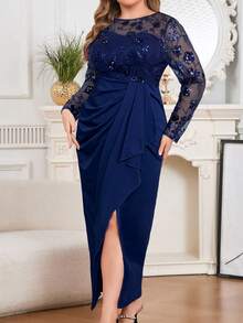 Modelyn Women Plus Size Floral Patchwork Sequin Mesh Slit Hem Elegant Midi Dress - Navy Blue - View 6