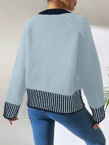 RosyDaze Áo len cardigan sọc đen trắng đa năng thời trang Pháp - Màu xanh lam - Xem 2
