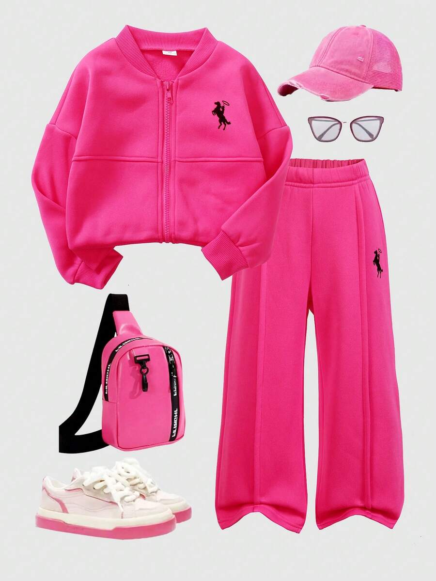 SHEIN 2pcs/Set Young Girls Stylish Jacket Paired With Elastic Waist Slim Fit Wide Leg Pants, Spring/Autumn - Hot Pink - View 1