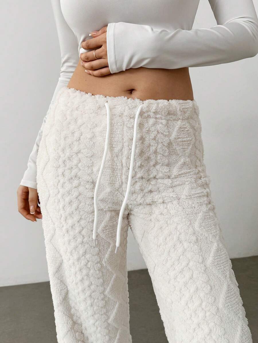 Flirla Women's Solid Color Drawstring Straight Leg Casual Fleece Warm Pants - White - View 1