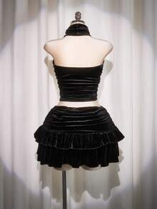 SHEIN ICON Áo hai dây cổ yếm nhung hở lưng cỡ lớn Y2k mùa xuân thu đi chơi Cottagecore thời trang Bohemian ngày lễ gợi cảm, thời trang đơn giản cho nữ, áo hai dây cổ yếm nhung hở lưng kiểu phương Tây cho nữ, áo rave, áo hai dây cổ yếm nhung dự tiệc - màu đen - Xem 2