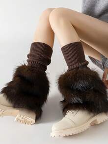 ROMWE Kawaii 1 Pair Of Cute Knitted Splicing Plush Leg Warmers, Autumn And Winter Thickened Imitation Fur Stacking Socks, Pastoral Style Leg Warmer