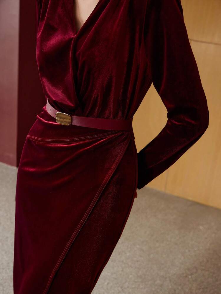 WOMEN'S ELEGANT COMMUTER VELVET BURGUNDY DRESS