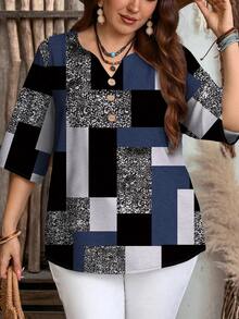EMERY ROSE Plus Size Casual Geometric Block Colorblock Pattern Shirt, Suitable For Autumn/Summer - Multicolor - View 6