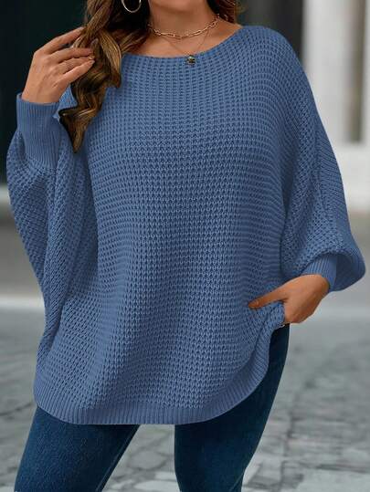 SHEIN LUNE Plus Size Women's Solid Color Round Neck Batwing Long Sleeve Loose Casual Sweater, Autumn/Winter