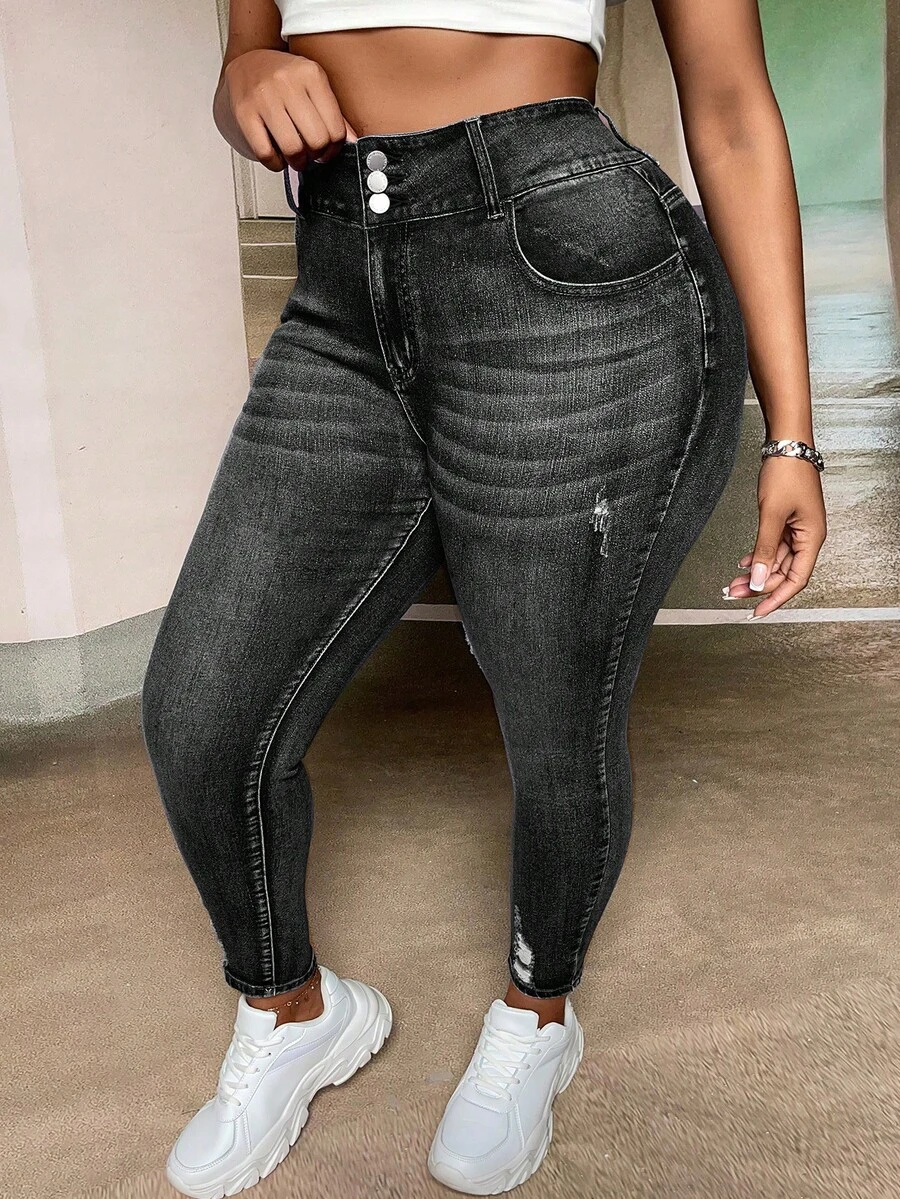 SHEIN SXY Jeans skinny strappati in vita alta, casual, adatti per tutti i giorni e per l'ufficio, moda di strada, taglie forti per donne - nero - Visualizzare 1