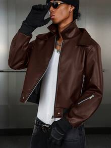 Manfinity EMRG 男士长袖皮夹克，街头风百搭复古美式休闲夹克，拉链设计情侣款，秋冬皮夹克 - 咖啡棕 - 查看 4