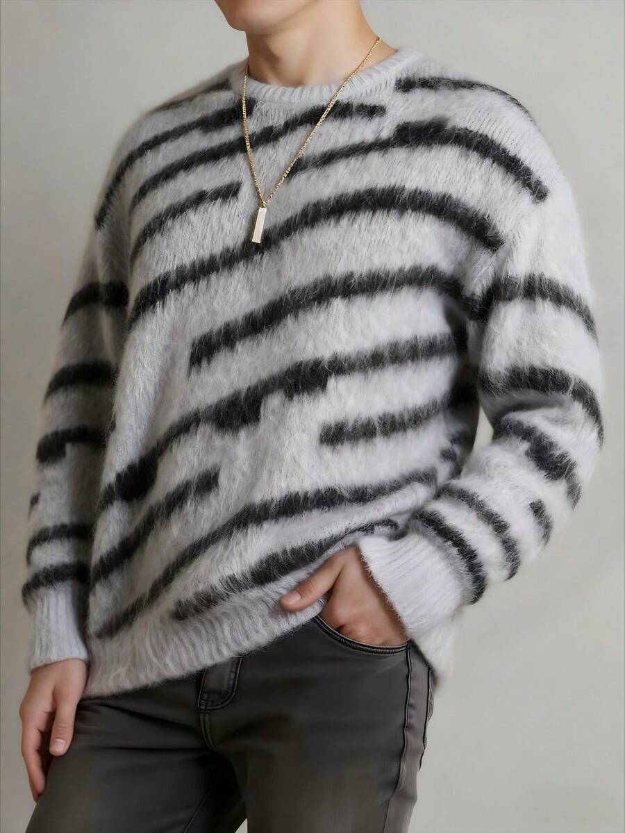 Claim Dot Men Allover Pattern Drop Shoulder Fuzzy Graphic Color Block Urban Casual Long Sleeve Chunky Sweater, For Friends, Fall/Winter - Multicolor - View 1
