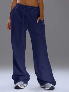 MUSERA Slitna, vida ben, baggy joggingbyxor, mysiga, söta, avslappnade, enkla, höst, höst, vardags, lounge - Marinblå - Visa 2
