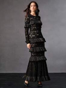 Anewsta 花卉蕾丝拼布闪亮荷叶边下摆修身圆领长袖鱼尾裙 - 黑色 - 查看 4