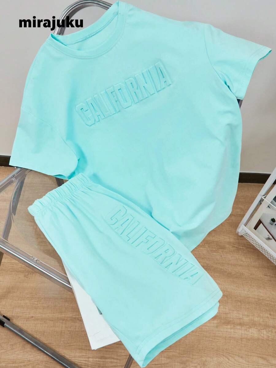 2pcs/Set Teen Boys Spring/Summer Turquoise Casual/Holiday Sporty Outfit, 3D Letter Print Short Sleeve T-Shirt And Shorts Set, Minimalist Sports Suit
