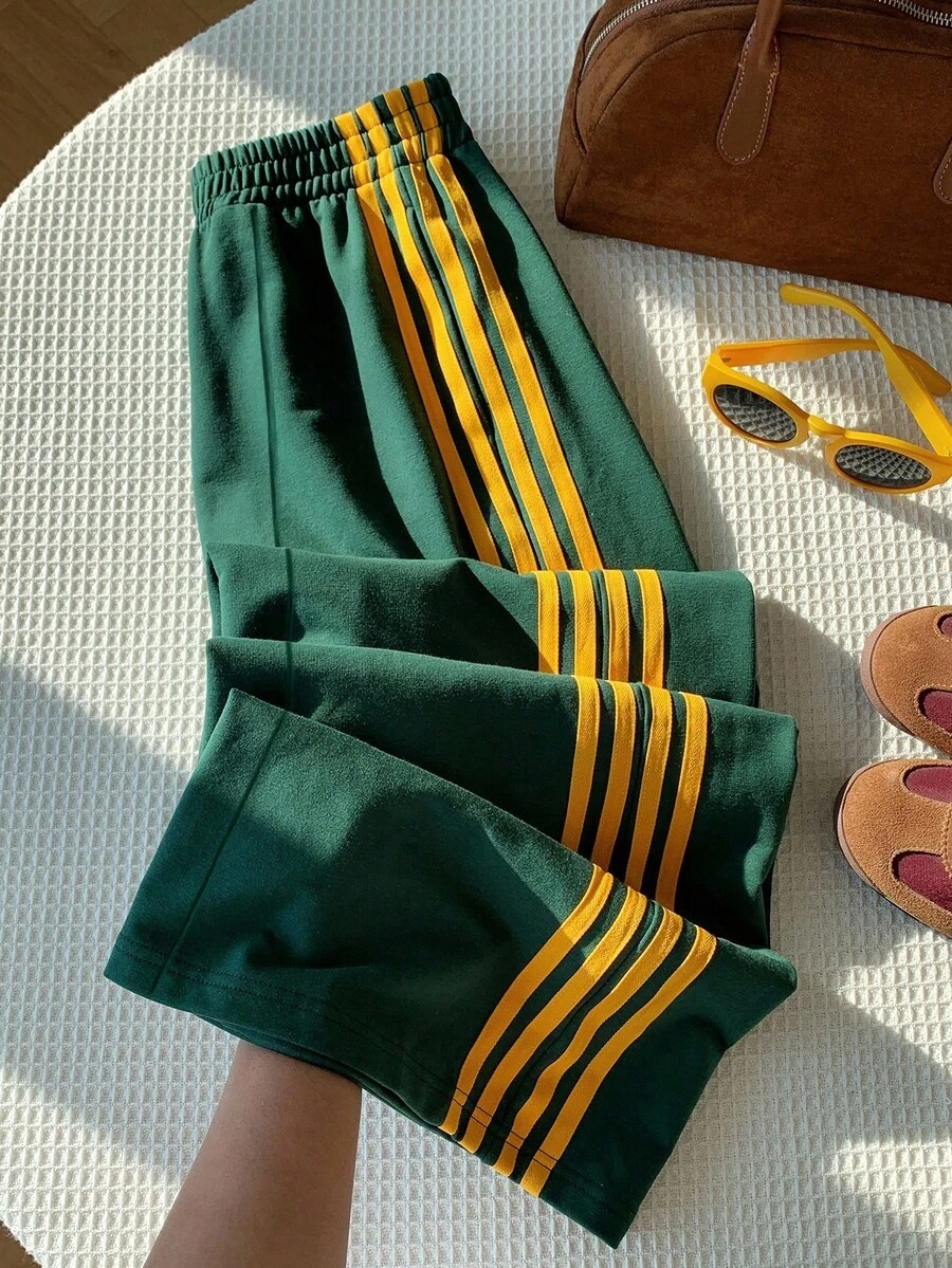 SHEIN Tween 女童休闲百搭百搭日常运动街头撞色腰带宽松运动裤 - 墨綠色 - 查看 1