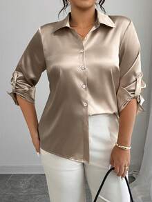 Elenzga Kemeja Satin Elegan Wanita Ukuran Besar Warna Polos Lengan Manset Kancing Tunggal - Light Grey - View 3