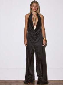 MUSERA 极致深V领阔腿喇叭低背缎面连体裤，适合夜晚外出、秋季、性感、优雅、可爱、新年派对、夏季休闲等场合。 - 黑色 - 查看 1