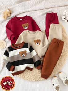 SHEIN Bộ 6 món/Bộ đồ thể thao cho bé trai/bé gái thường ngày dễ thương hình gấu & sọc kaki, quần nỉ và áo nỉ, quần áo trẻ em unisex, quần áo mùa đông cho bé - Màu Đỏ Sâu - Xem 3