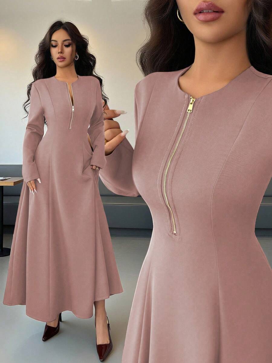 Elenzga Women's Elegant Coffee Brown Round Neck Front Zipper High-End Design Waist Fitted Flared Long Sleeve Midi Dress, Suitable For Commuting In Autumn - Dusty Pink - View 1