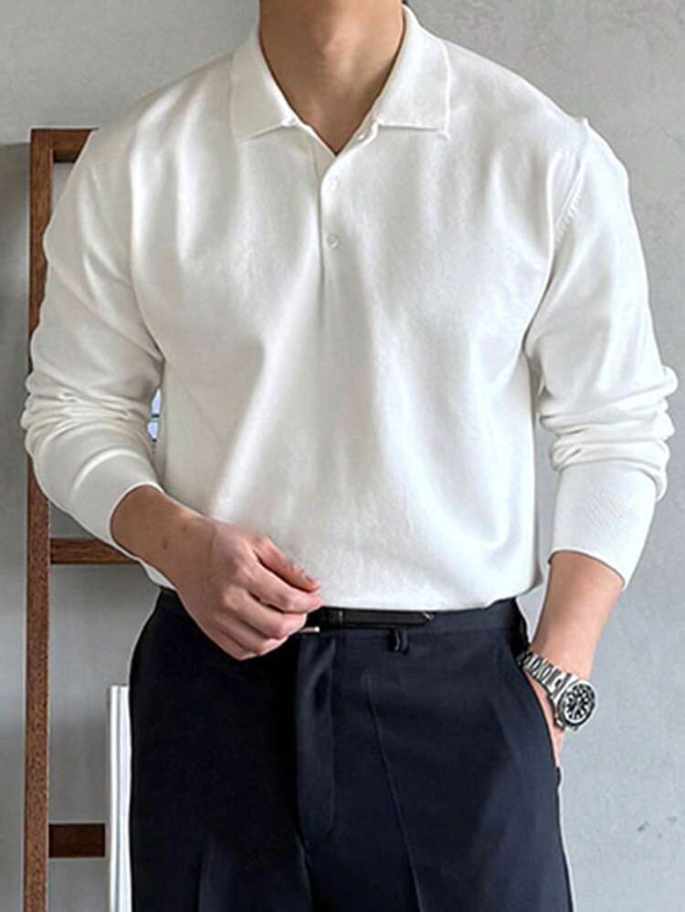 Men's Solid Color Polo Neck Knit Sweater, Autumn
