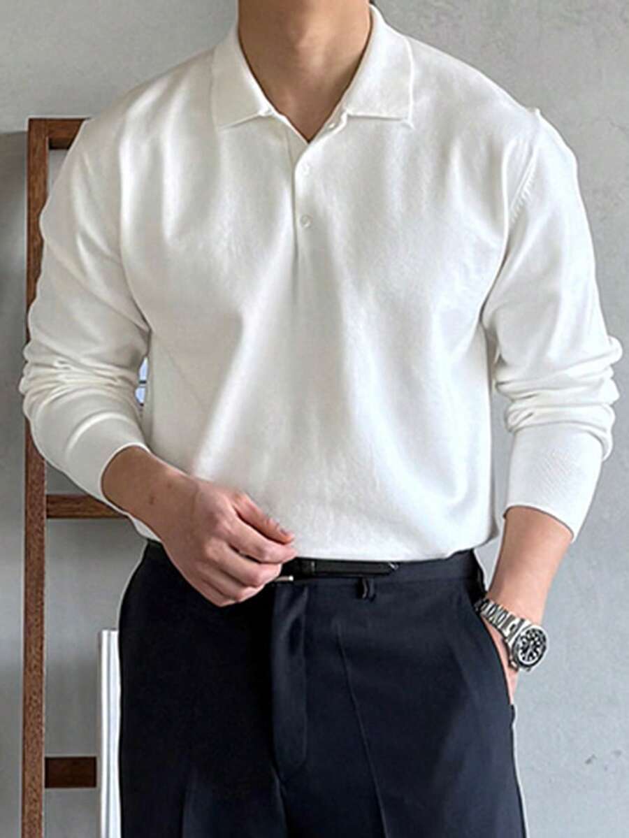 DAZY 男士纯色 Polo 领针织毛衣，秋季 - 白色 - 查看 1