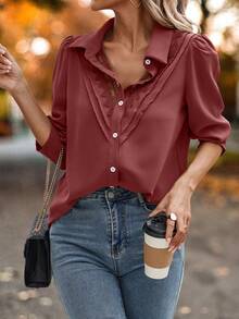 LanaWest Contrast Lace Button Front Shirt Black Blouse For Women - Redwood - View 5