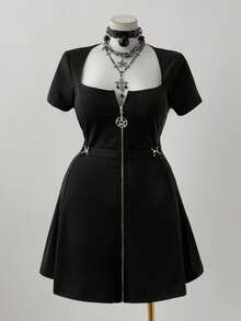 Sweetra Plus Punk Metal Zipper Star Decor Round Neck Flare Hem Short Sleeve Dress, Casual Leisure Wear Suitable For Daily, Back To School, Halloween, Holiday Goth Dress Punk Dress - Black - View 4
