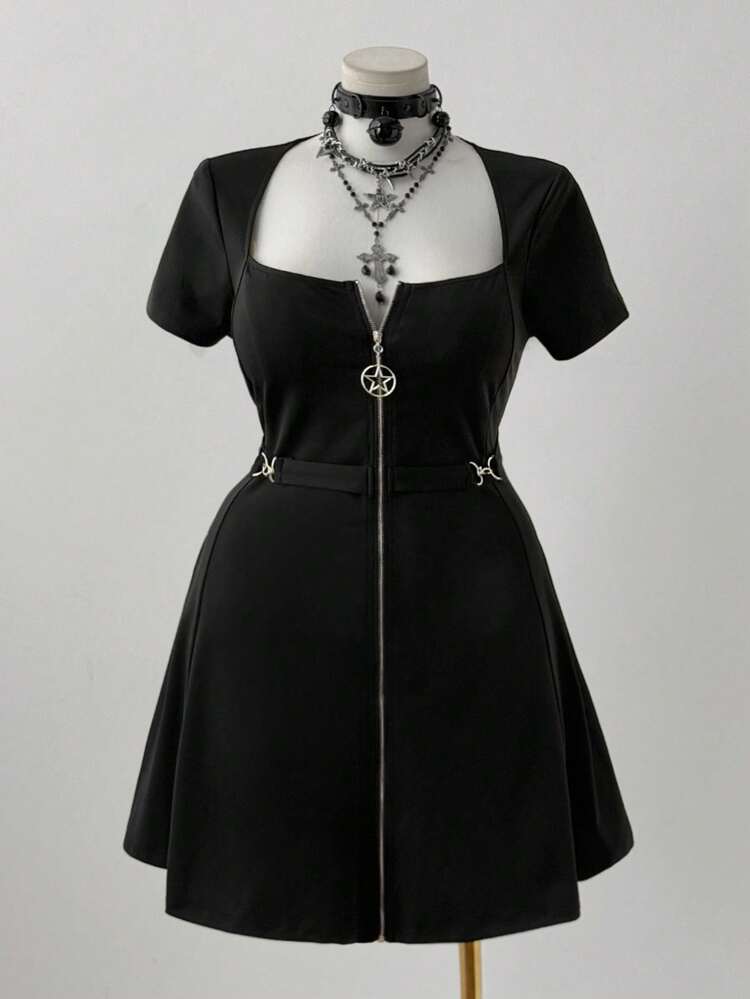 Sweetra Plus Punk Metal Zipper Star Decor Round Neck Flare Hem Short Sleeve Dress,Black,Autumn,Goth,Concert,Night Out Club,Casual Leisure Halloween Holiday - Black - View 4
