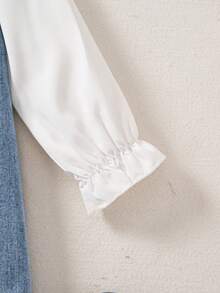 Young Girls Denim Patchwork Dress, White Sleeves, Bow Design At Back, Denim Dress