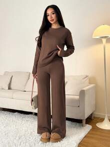 SHEIN PETITE Women Solid Color Crew Neck Long Sleeve Sweater And Long Pants Casual Regular Outfit, Autumn/Winter,Fall,Fall Clothes For Women,Winter Clothes For Women - Brown - View 4