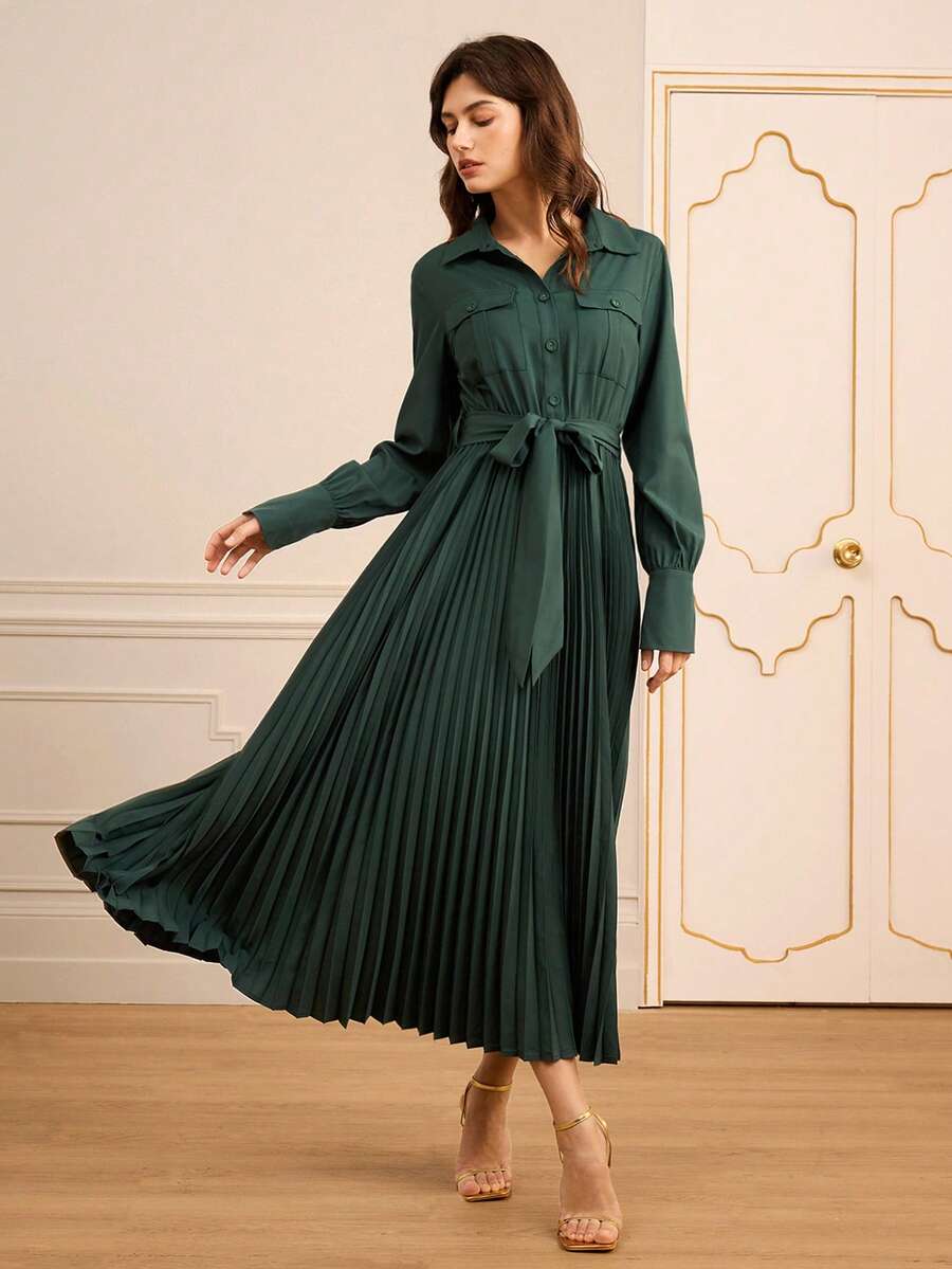 Lilora Elegant Dark Green Women's Long Sleeve Dress For Office&Autumn, Collared Cinched Waist Bow Pleated Pocket Accordion Flap Button Retro Formal Party Dress