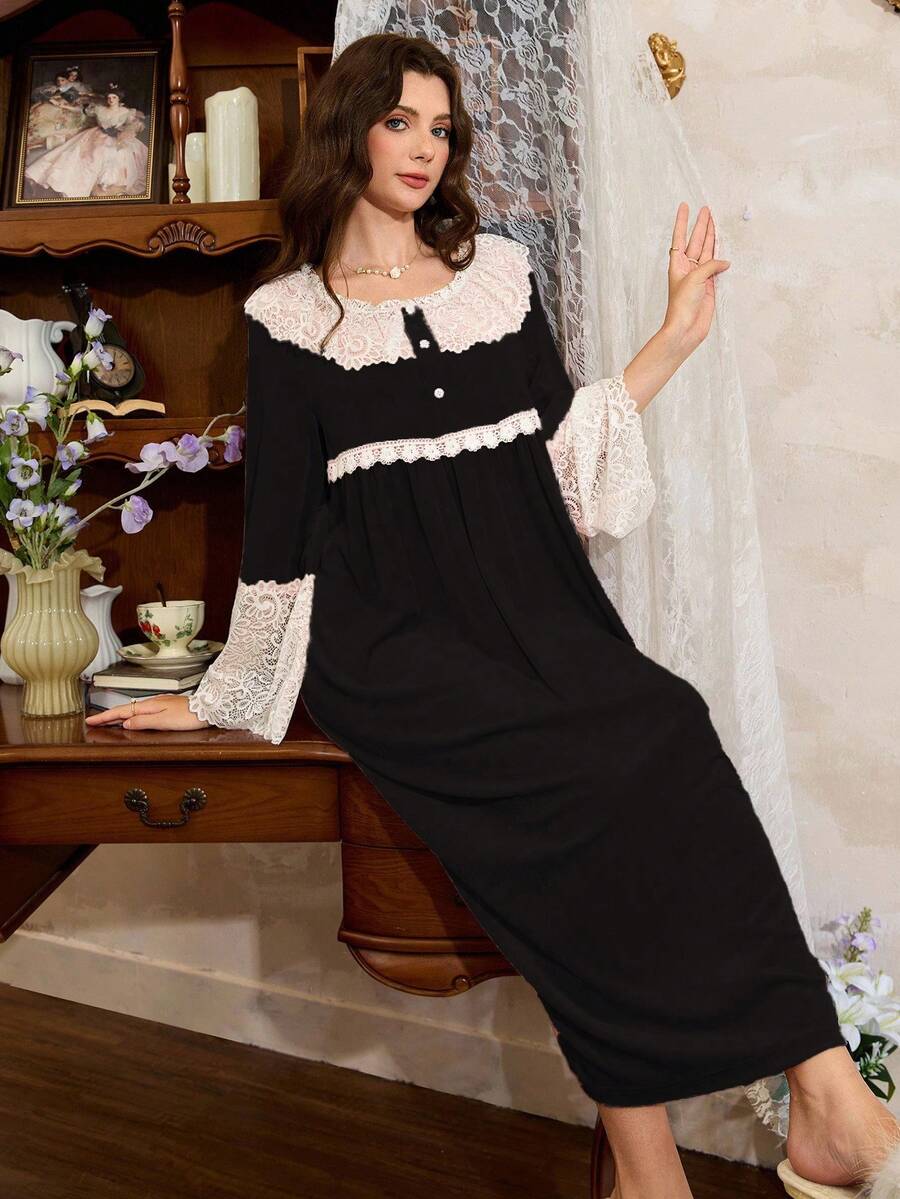 Côtesoire 女士优雅法式撞色蕾丝荷叶边睡裙,适合秋冬季穿着 - 黑色 - 查看 1