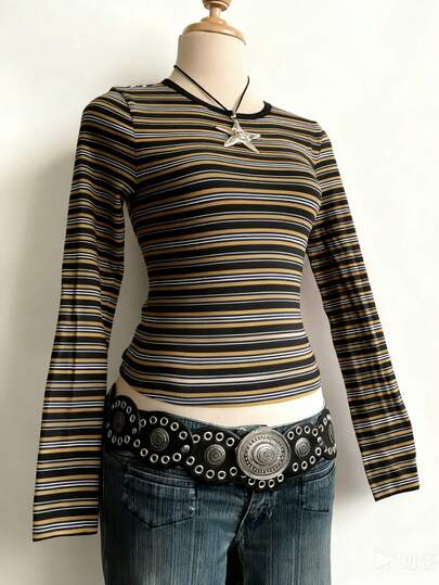 SHEIN Colorful Striped Digital Print Minimalist Women Long Sleeve Crew Neck T-Shirt, Gift For Friends