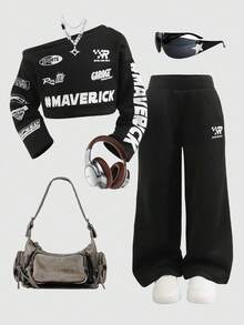 年轻女孩字母印花不对称肩长袖运动衫和阔腿裤休闲套装，秋季 - 黑色 - 查看 1