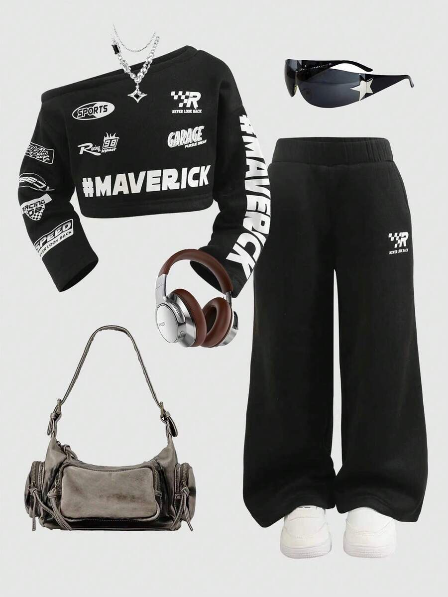 年轻女孩字母印花不对称肩长袖运动衫和阔腿裤休闲套装，秋季 - 黑色 - 查看 1